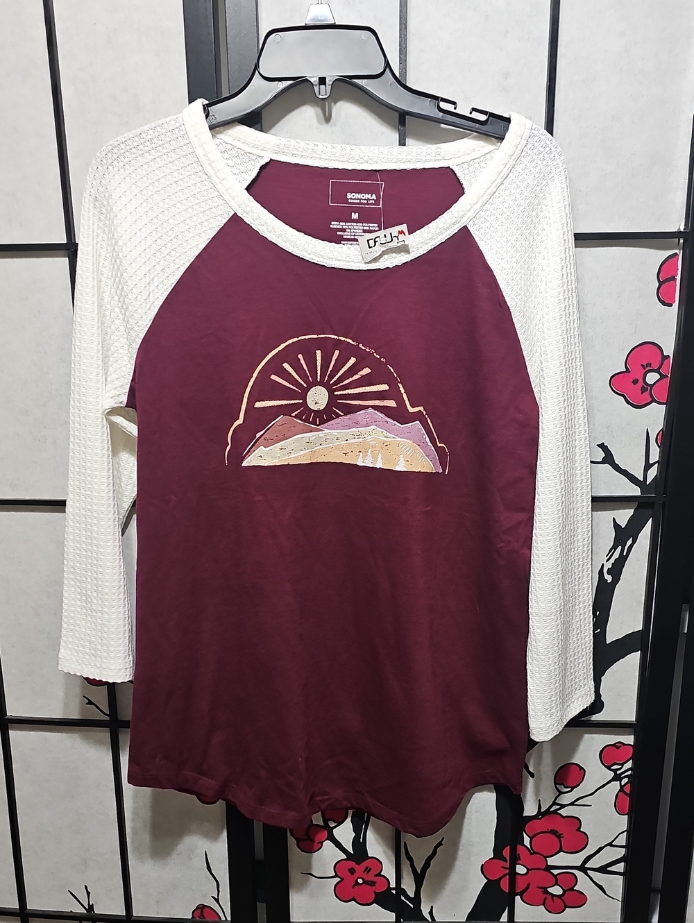 Sonoma Burgundy and Cream Raglan Mountain Graphic Long Sleeve Tee